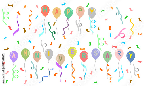 happy anniversary balloons confetti set vector illustration isolated on white background.