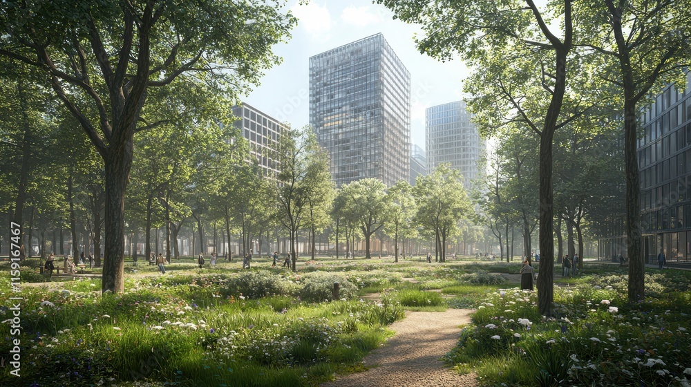 Modern Urban Park Surrounded by Skyscrapers and Lush Greenery in Daylight Modern Urban Park Surrounded by Skyscrapers and Lush Greenery in Daylight