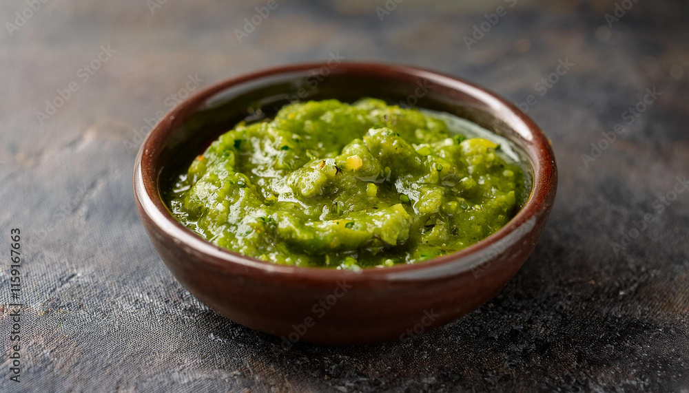 Bowl of delicious green salsa Verde sauce on dark table. Fresh and tasty semi-solid food. Bowl of delicious green salsa Verde sauce on dark table. Fresh and tasty semi-solid food.