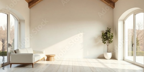 Serene Minimalist Living Room with Natural Light and Wooden Accents Featuring a Comfortable Off-White Sofa and a Small Round Side Table