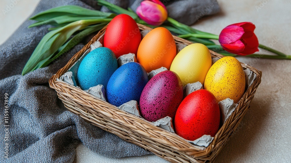 Colorful Easter Eggs in Natural Basket with Tulips on Soft Background