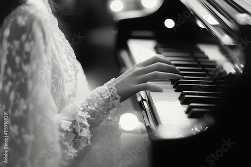 An artistic black and white photograph of hands gracefully playing a piano, conveying a sense of elegance and timeless beauty in a dimly lit ambiance. photo