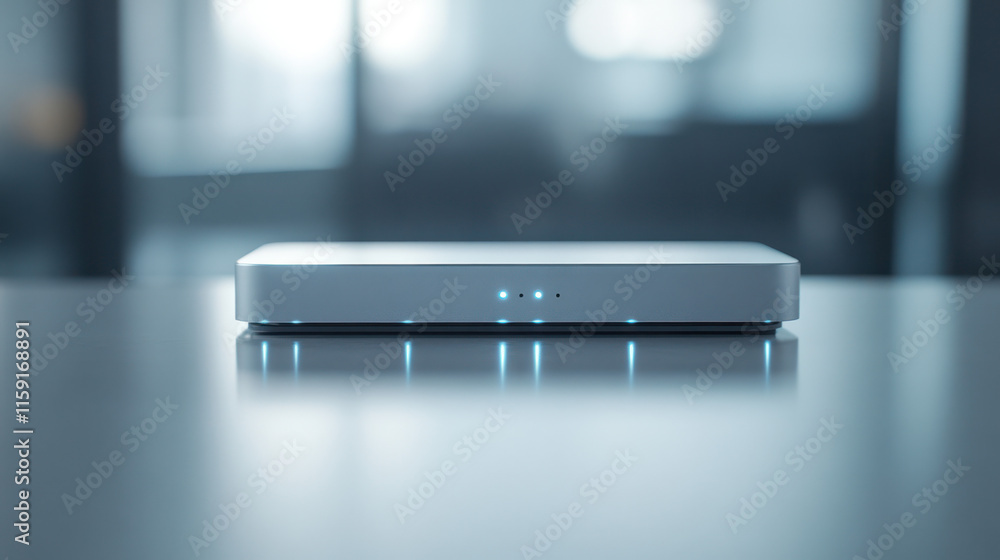 Digital communication hub with a modern router glowing on a clean surface, representing encryption and seamless connectivity. Digital communication hub with a modern router glowing on a clean surface, representing encryption and seamless connectivity.