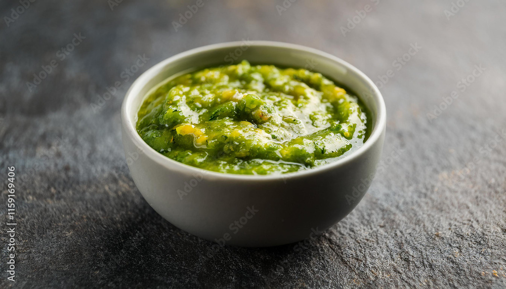 Bowl of delicious green salsa Verde sauce on dark table. Fresh and tasty semi-solid food. Bowl of delicious green salsa Verde sauce on dark table. Fresh and tasty semi-solid food.