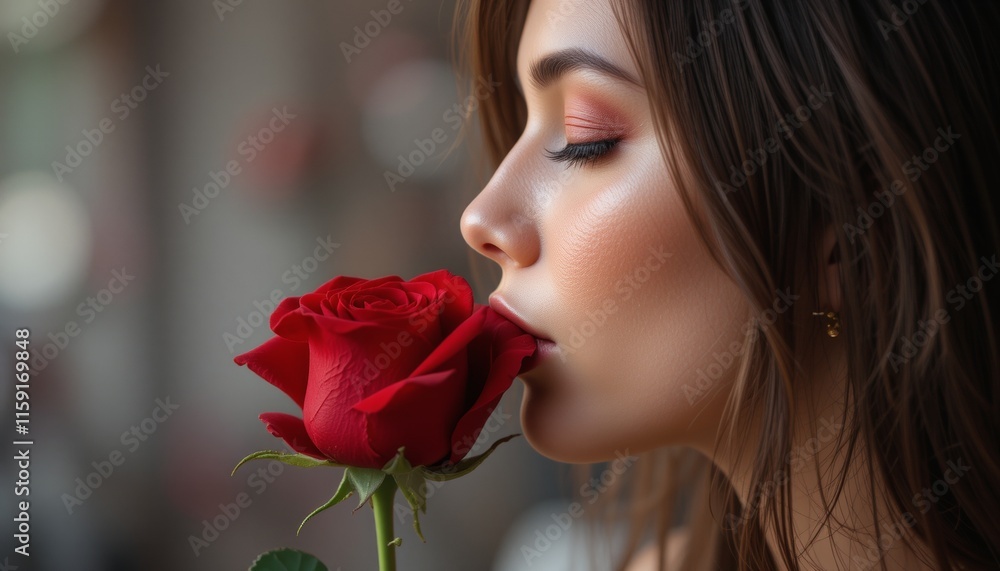 profile of an elegant woman holding a red rose close to her to smell its scent profile of an elegant woman holding a red rose close to her to smell its scent