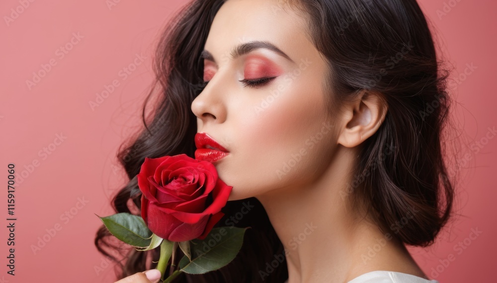 profile of an elegant woman holding a red rose close to her to smell its scent profile of an elegant woman holding a red rose close to her to smell its scent