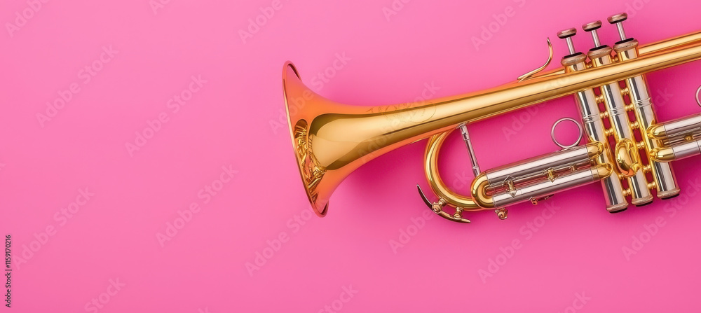 Obraz premium Golden trumpet on vibrant pink background, showcasing intricate details