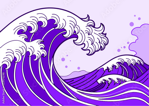 Ukiyo-e Style Purple Wave Vector Art - High-Resolution Ocean Background.