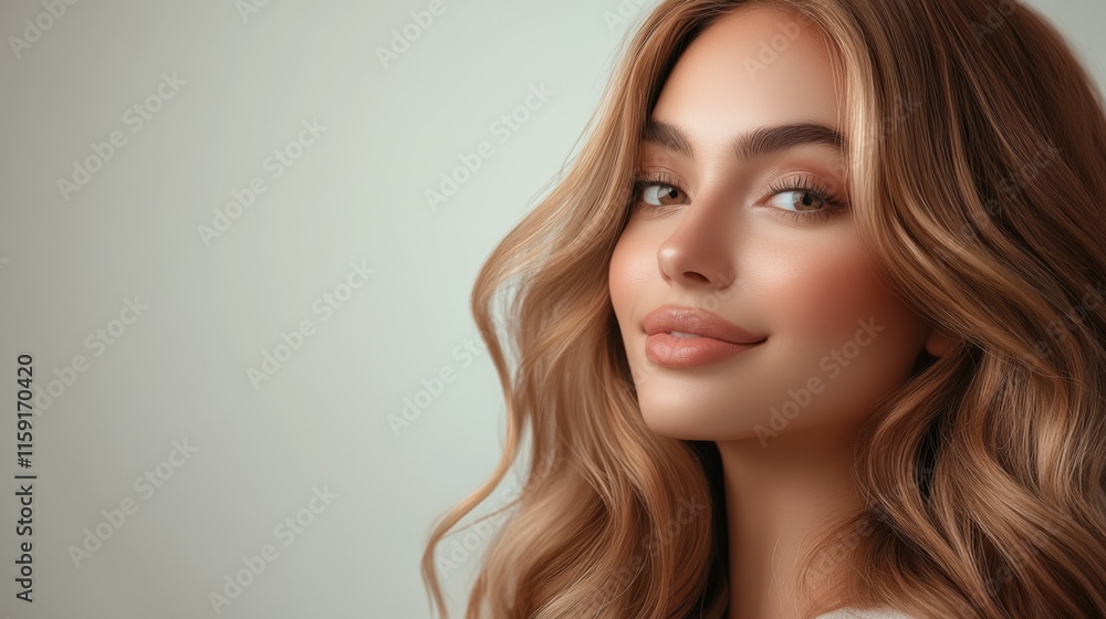 A close-up image of a young woman with long, wavy blonde hair, exuding confidence and serenity while subtly smiling, captured against a soft background, invoking elegance. A close-up image of a young woman with long, wavy blonde hair, exuding confidence and serenity while subtly smiling, captured against a soft background, invoking elegance.