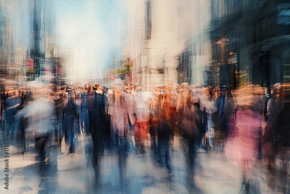 Crowd walking down a busy city street, telephoto lens, realistic daylight. Background AI generated image Crowd walking down a busy city street, telephoto lens, realistic daylight. Background AI generated image