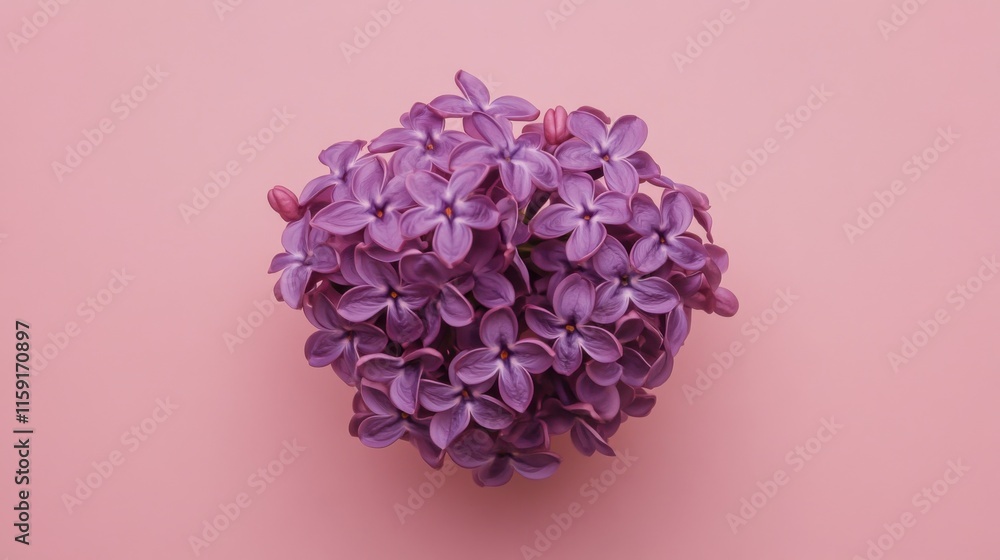 Obraz premium A vibrant purple lilac blossom against a light pink background, close-up shot, Minimalist style