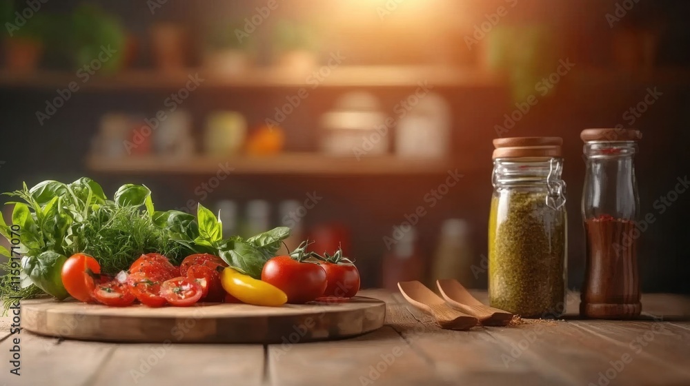 Fresh Organic Ingredients on Wooden Table with Jar Spices and Herbs Fresh Organic Ingredients on Wooden Table with Jar Spices and Herbs