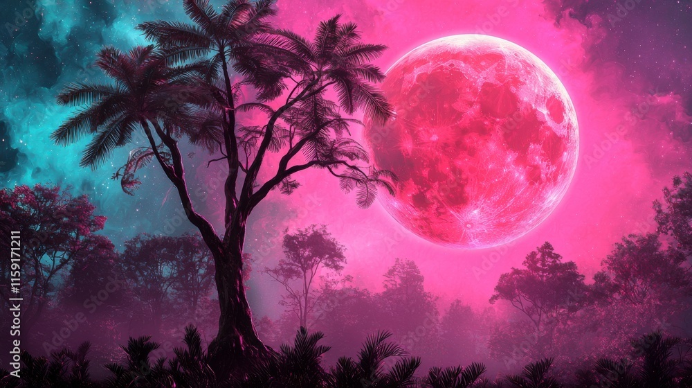 Fototapeta premium Ethereal Landscape with Vibrant Pink Moon and Lush Tropical Palm Trees at Night