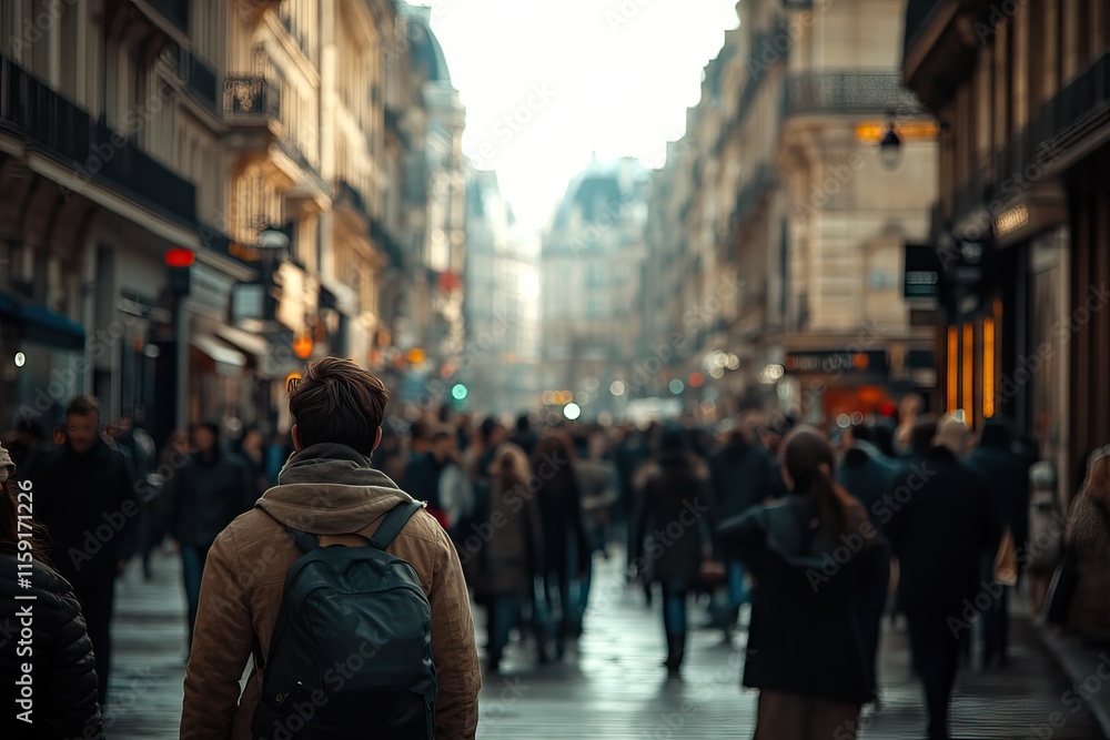 Crowd walking down a busy city street, telephoto lens, realistic daylight. Background AI generated image Crowd walking down a busy city street, telephoto lens, realistic daylight. Background AI generated image