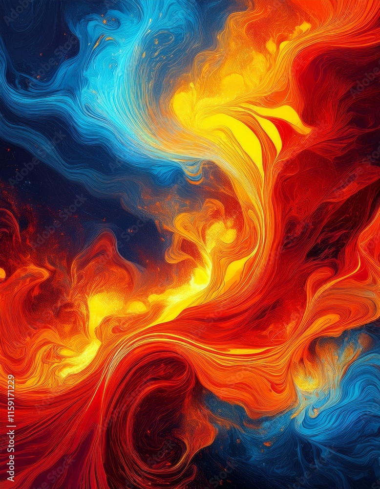 Vivid red and yellow abstract swirls resembling molten lava with blue and white cloud-like textures.
Vivid red and yellow abstract swirls resembling molten lava with blue and white cloud-like textures.