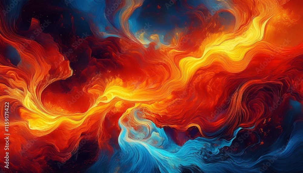 Vivid red and yellow abstract swirls resembling molten lava with blue and white cloud-like textures.
Vivid red and yellow abstract swirls resembling molten lava with blue and white cloud-like textures.