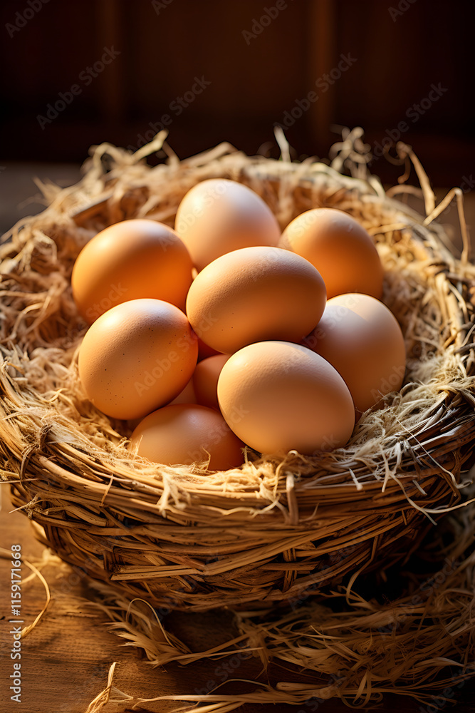 Rustic and Organic Countryside Basket of Freshly Picked Brown Eggs Rustic and Organic Countryside Basket of Freshly Picked Brown Eggs