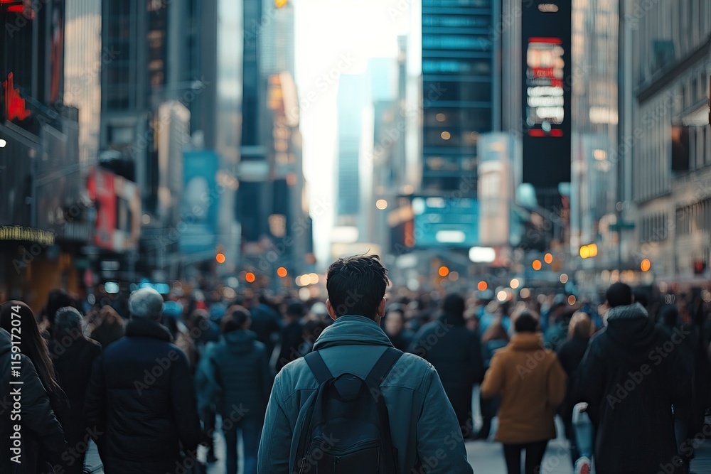 Crowd walking down a busy city street, telephoto lens, realistic daylight. Background AI generated image Crowd walking down a busy city street, telephoto lens, realistic daylight. Background AI generated image