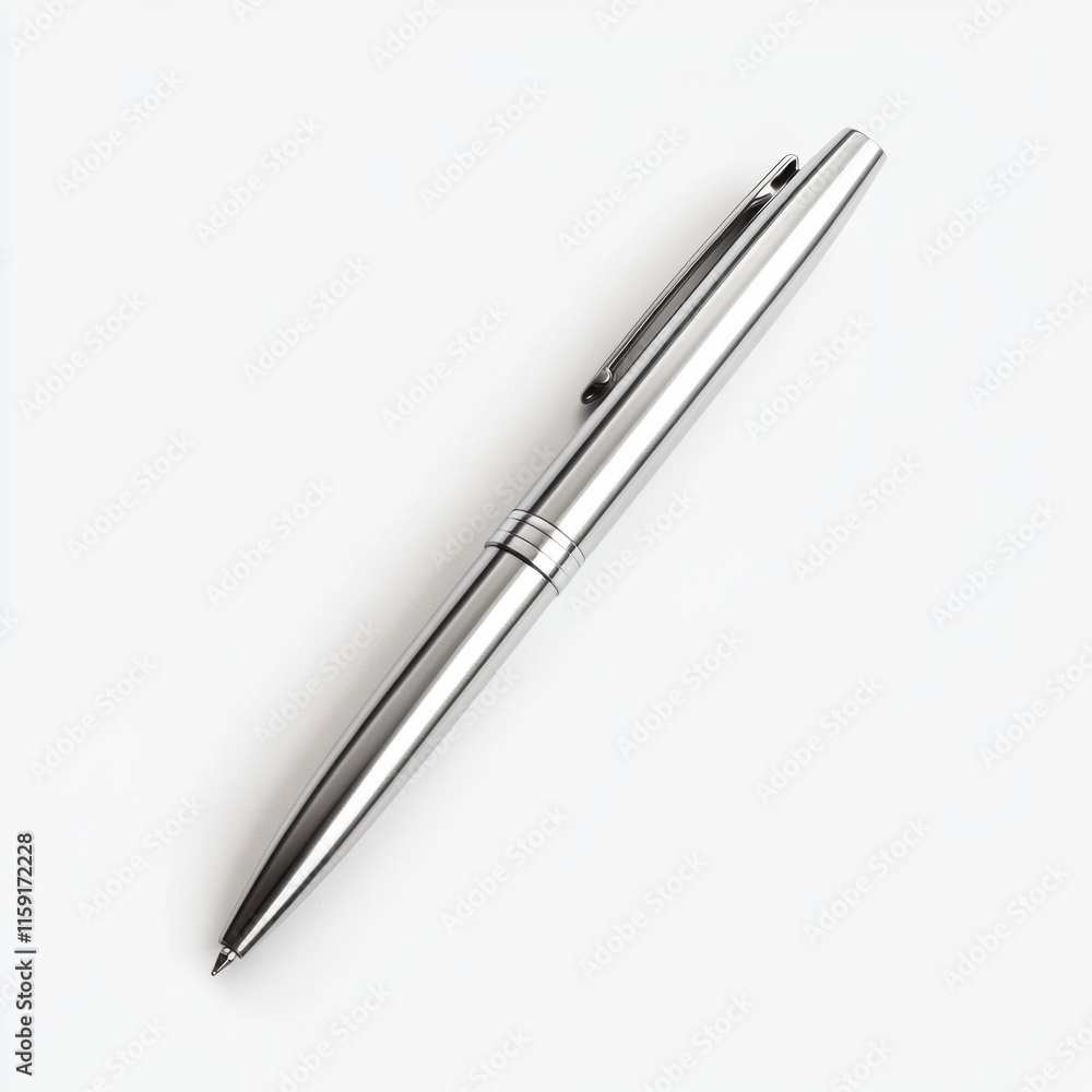 Sleek silver pen rests on a clean white surface, ideal for writing or signing important documents Sleek silver pen rests on a clean white surface, ideal for writing or signing important documents