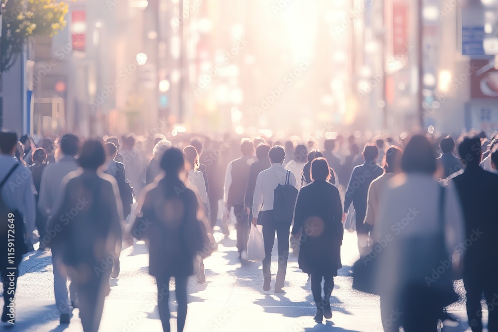 Crowd walking down a busy city street, telephoto lens, realistic daylight. Background AI generated image Crowd walking down a busy city street, telephoto lens, realistic daylight. Background AI generated image