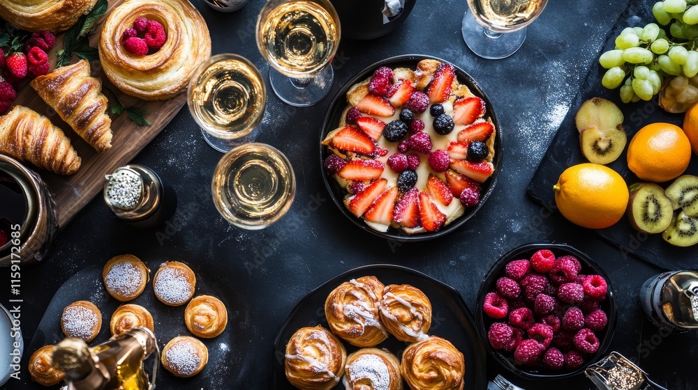 A New Year’s brunch spread with pastries, fruits, and sparkling drinks A New Year’s brunch spread with pastries, fruits, and sparkling drinks