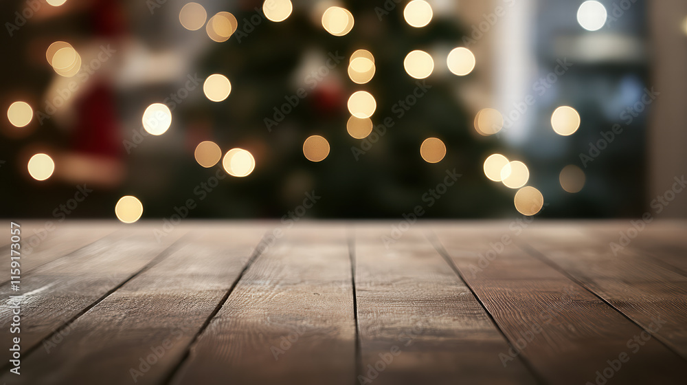 beautifully blurred Christmas scene featuring wooden table in foreground, with soft glowing lights from decorated tree in background, creating warm and festive atmosphere beautifully blurred Christmas scene featuring wooden table in foreground, with soft glowing lights from decorated tree in background, creating warm and festive atmosphere