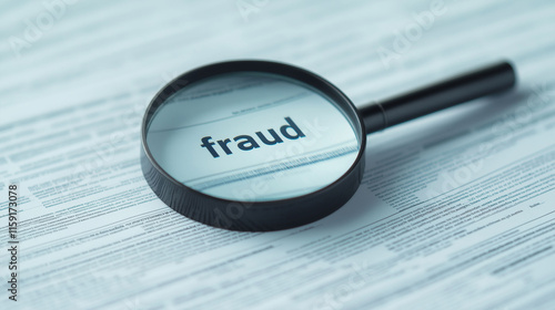 Scam fraud investigation concept. A magnifying glass examines financial documents revealing hidden details.