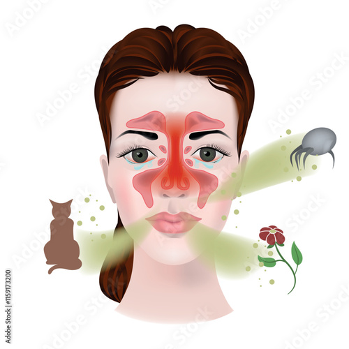 allergic rhinitis. Medical poster concept. The face of a girl with maxillary sinuses and inflamed respiratory tracts. Vector infographics