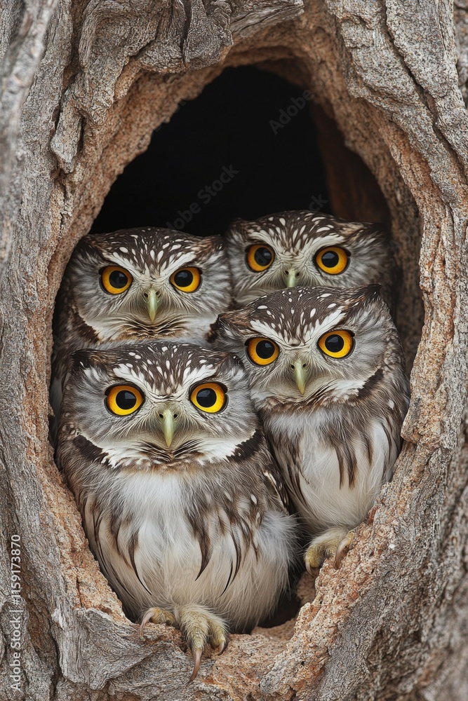 A delightful image capturing four owls closely nestled together inside a tree hollow, showcasing their striking yellow eyes and beautiful feather patterns. A delightful image capturing four owls closely nestled together inside a tree hollow, showcasing their striking yellow eyes and beautiful feather patterns.