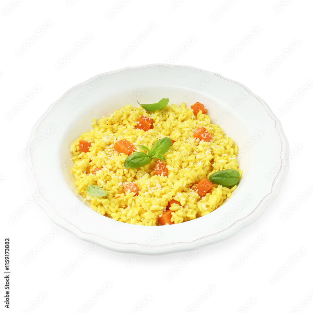Delicious pumpkin risotto in bowl isolated on white Delicious pumpkin risotto in bowl isolated on white
