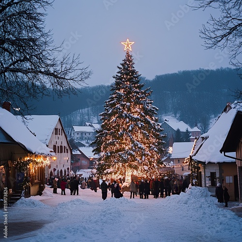 Orthodox Christmas Star Adorning a Village Square Tree, Orthodox Christmas