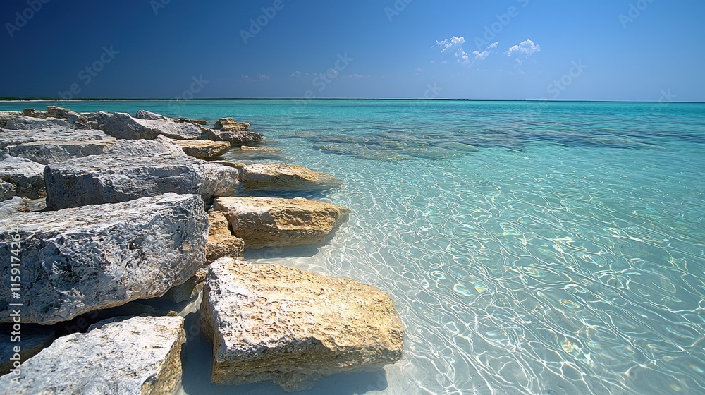Crystal Clear Water and Rocky Shoreline Under Bright Blue Sky on a Tropical Beach Crystal Clear Water and Rocky Shoreline Under Bright Blue Sky on a Tropical Beach