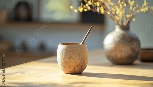 A rustic mud pottery pen holder sits on a modern desk, complementing the clean office environment. photo