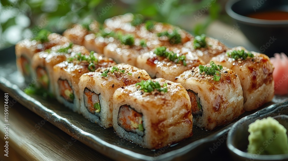 Rustic platter of haiku sushi rolls arranged with pickled ginger and soy sauce. Rustic platter of haiku sushi rolls arranged with pickled ginger and soy sauce.