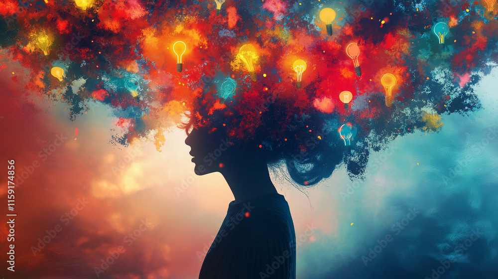 Mind Map Explosion: A stylized digital painting of a person at the center of a creative mind map with colorful branches leading to icons like books, lightbulbs, and question marks, set against a glowi