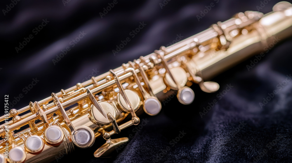 Naklejka premium Golden oboe with intricate patterns on dark velvet background