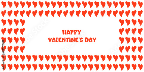 Romantic greeting card, cute Happy Valentine's Day banner design. Festive background with many red hearts on white fabric background. Love and Valentine's Day concepts. Horizontal poster, flyer
