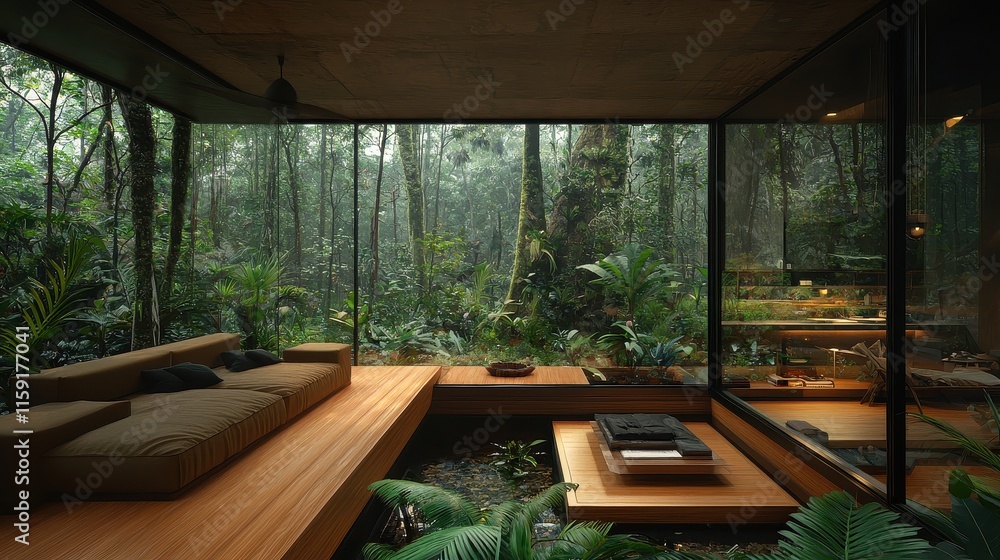 Modern minimalist interior design in serene tropical rainforest setting with glass walls Modern minimalist interior design in serene tropical rainforest setting with glass walls