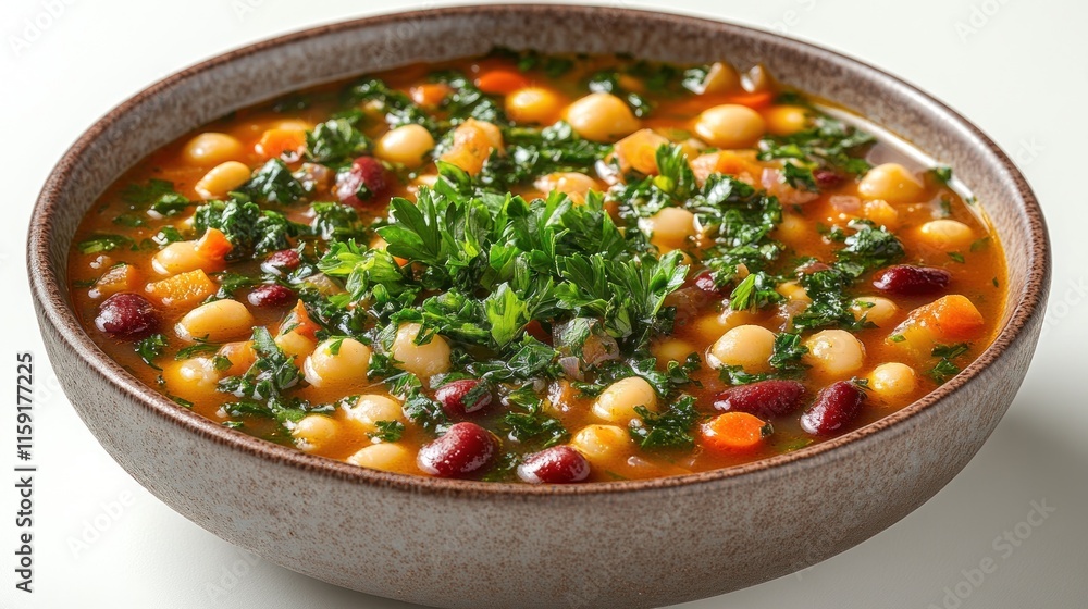 Hearty bean soup with kale and parsley garnish in a rustic bowl. Hearty bean soup with kale and parsley garnish in a rustic bowl.