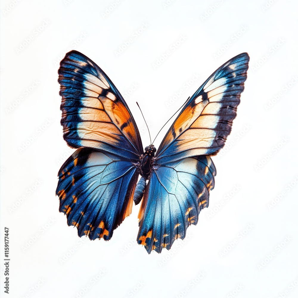 Obraz premium Close-up of a vibrant blue and orange butterfly with intricate wing patterns, showcasing delicate beauty and biodiversity in a natural habitat.
