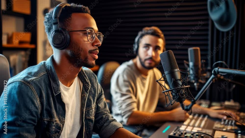 Two speakers laughing and talking during a podcast recording session in a lively studio with professional equipment. Two speakers laughing and talking during a podcast recording session in a lively studio with professional equipment.