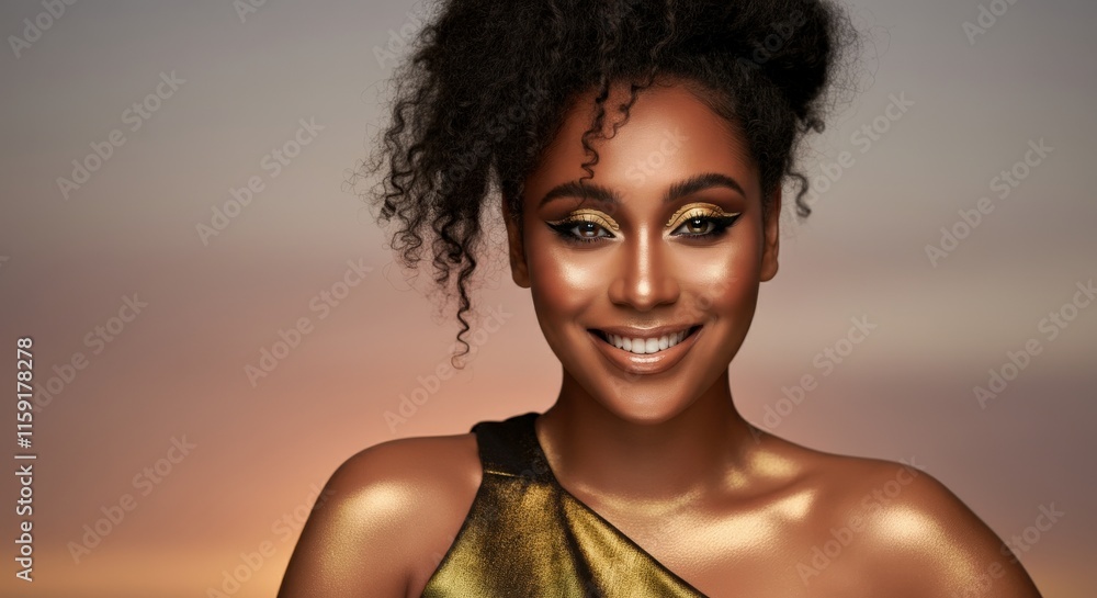 Radiant evening glow on young african female with golden makeup against sunset sky Radiant evening glow on young african female with golden makeup against sunset sky