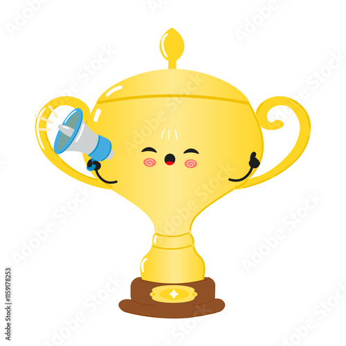 Cheerful Golden trophy cup character holding a megaphone. Vector hand drawn cartoon kawaii character illustration icon. Isolated on white background. Golden trophy cup screams character concept