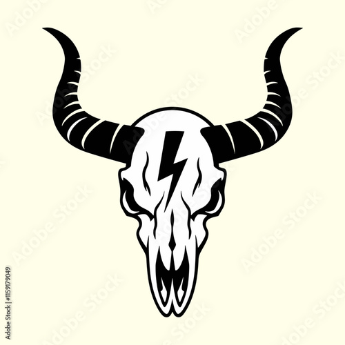 Bull skull, front view. Ink black and white drawing. Vector illustration