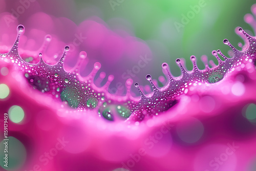 Abstract background in green and magenta, featuring an ridge of hypnotic circles and drip patterns forming a visually striking fractal inspired landscape, perfect for modern design projects photo