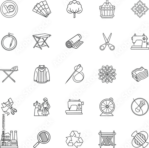 Textile Industry Icons Weaving, Sewing, Fabric, and Recycling