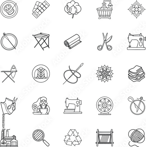 Textile Manufacturing Cotton, Weaving, Sewing, and Recycling Icons