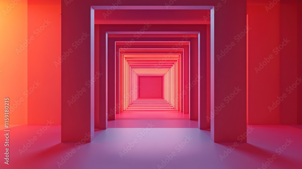 Fototapeta premium Vibrant corridor with layered geometric shapes, illuminated in r