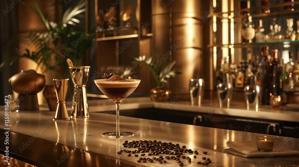 Cocktail on marble bar with coffee beans and elegant background