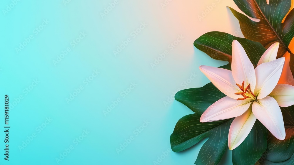 Lily leaves abstract background concept. A beautiful white lily with green leaves on a soft gradient background. Lily leaves abstract background concept. A beautiful white lily with green leaves on a soft gradient background.